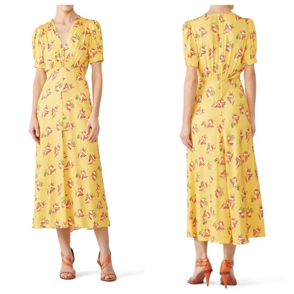 Jill Stuart puff sleeve floral print midi dress yellow 22774 - Picture 4 of 16